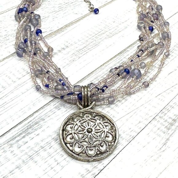 Beaded Multi Strand Necklace Silver tone Pendant Boho Style Blue Beads - Picture 3 of 3
